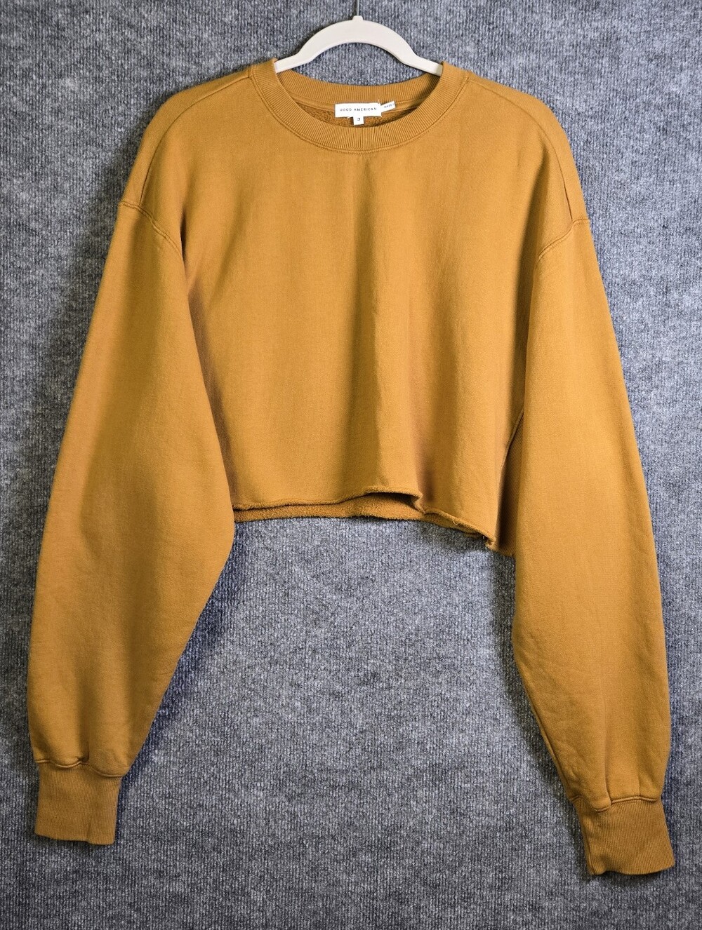 Good American Pullover Womens L Bronze Brown Cropped Crew Neck Raw Hem Grunge